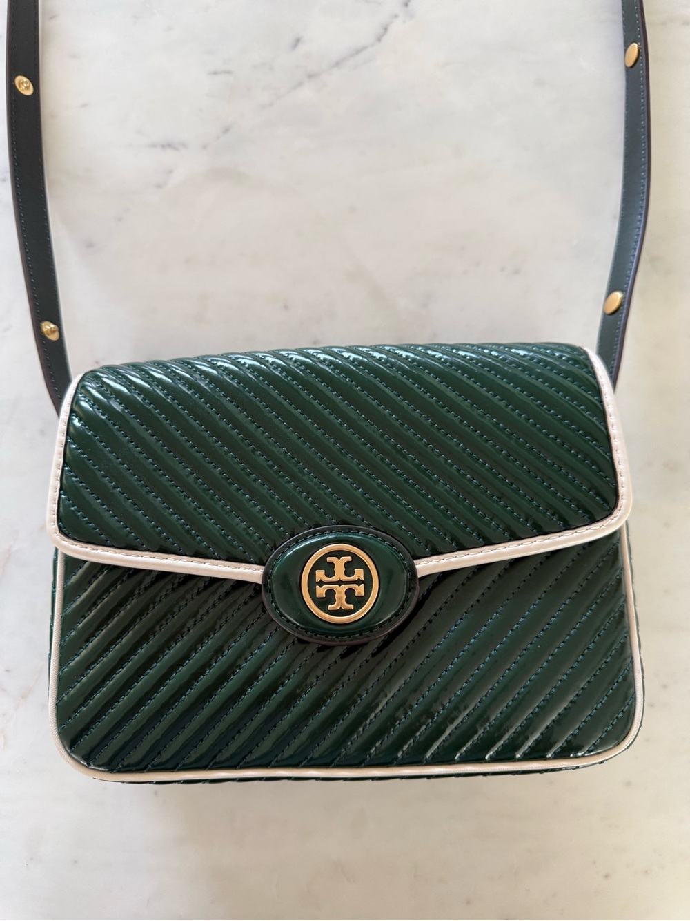 Tory Burch Dark Green Quilted Crossbody with Gold Logo and Cream Trim